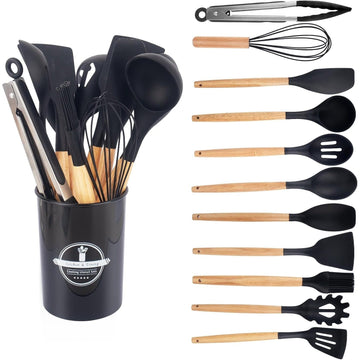 12-Piece Silicone Kitchen Utensils Set with Wooden Handles – Heat Resistant, Non-Stick Cooking Tools & Spoons, Available in 9 Colors