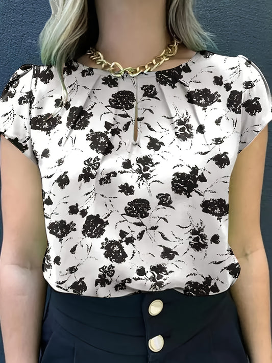 Women’s Casual Loose Fit Floral Print Blouse – Short Sleeve Round Neck Top with Ruched Bust, Lightweight Polyester for Spring, Summer & Fall