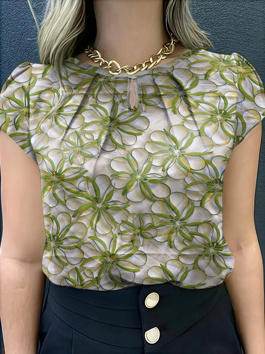 Women’s 3D Floral Print Casual Blouse – Short Sleeve Round Neck Loose Fit Top with Ruched Bust, Lightweight Summer Chic Style