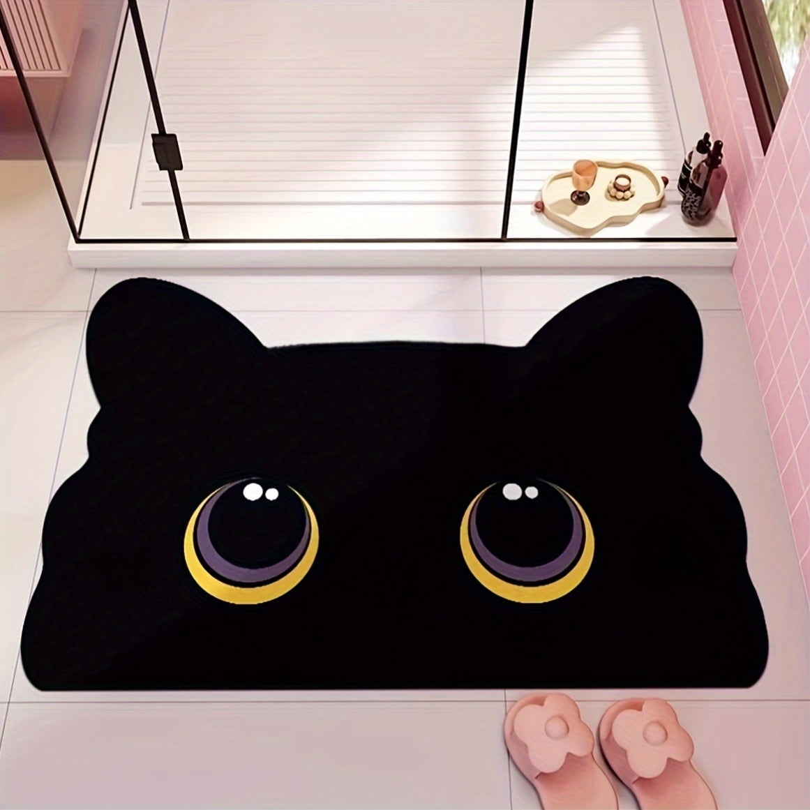 Black Cat Diatom Mud Quick-Dry Bathroom Mat – Anti-Slip, Super Absorbent, Washable Rug for Shower, Kitchen & Home Floors