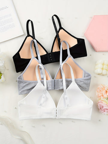 3pcs Girls & Teen Wire-Free Comfort Bras – Soft Spaghetti Strap, Lightly Lined with Non-Removable Padding, Full Coverage Everyday Training Bras (Black/Grey/White)