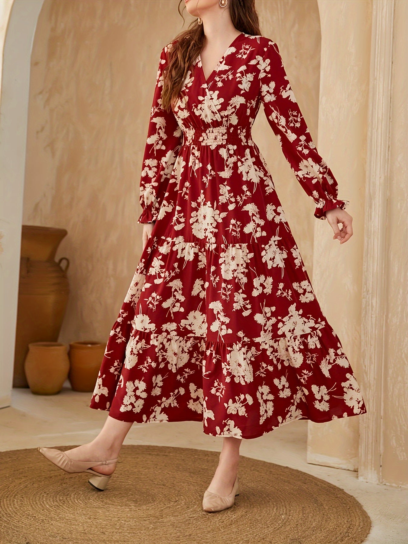 Stunning Floral Ruffle A-Line Dress - Elegant Surplice Neck, Long Sleeve, Shirred Waist, Comfortable Fit for Fall - Women's Clothing for Everyday Wear