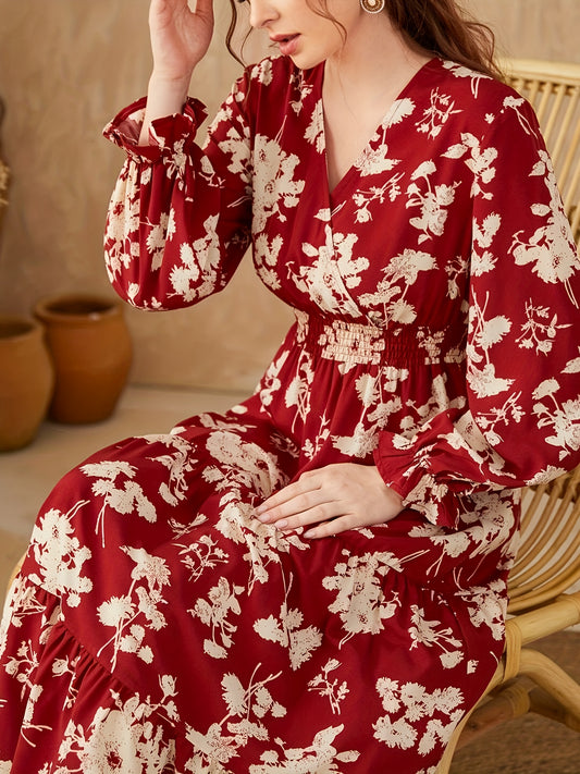 Stunning Floral Ruffle A-Line Dress - Elegant Surplice Neck, Long Sleeve, Shirred Waist, Comfortable Fit for Fall - Women's Clothing for Everyday Wear