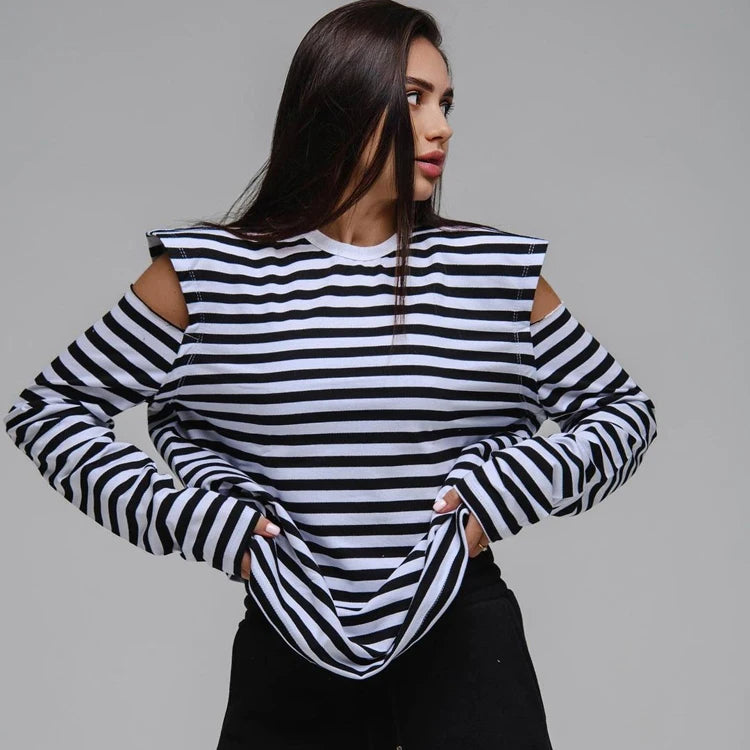 Women's Off-Shoulder Stripe Top - Long Sleeve Casual Blouse