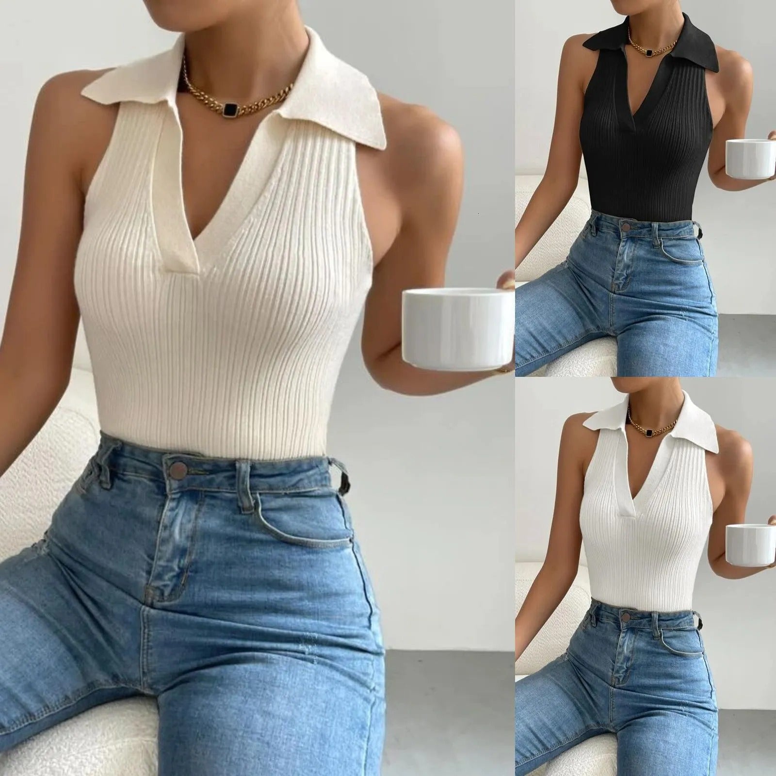 Summer V-Neck Ribbed Knit Crop Top - Sleeveless Turndown Collar in 10 Colors
